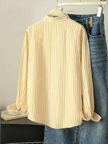 SHEIN 青少年米色細條紋刺繡長袖襯衫 - 黃色 - 查看 3