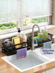 1PC Multi-Grid Sink Sponge Storage Rack With Towel Bar, Rustproof Metal Kitchen Sink Caddy Organizer, Drainable Countertop Holder For Dish Sponge Scrubber Steel Wool Soap, Space-Saving Kitchen Accessory For Sink Counter Tidying - one size fits all - View 1