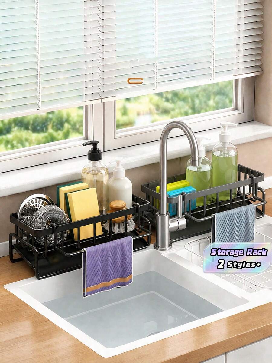 1PC Multi-Grid Sink Sponge Storage Rack With Towel Bar, Rustproof Metal Kitchen Sink Caddy Organizer, Drainable Countertop Holder For Dish Sponge Scrubber Steel Wool Soap, Space-Saving Kitchen Accessory For Sink Counter Tidying - one size fits all - View 1