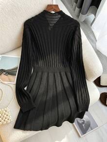 SHEIN LUNE Cardigan Rajut Panjang Sedang Berwarna Polos dengan Garis Vertikal, Pinggang Terikat, dan Ujung Bawah Melebar, Kasual, Elegan Gaya Prancis, Serbaguna, Cocok untuk Kantor, Warna Hitam, Musim Gugur - Hitam - View 3