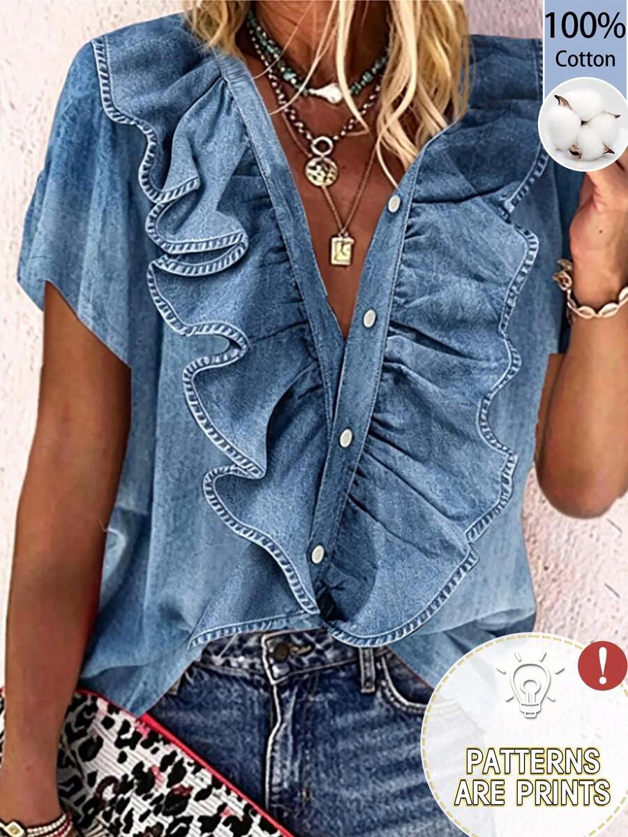 SHEIN Middle-Aged Women's Denim Effect Print Ruffle Trim Blouse - Blue - View 1