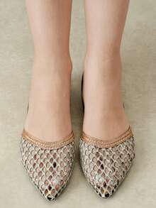 Styleloop 新款度假風女款平底鞋，後繫帶、低鞋面尖頭、露跟設計，透氣鏤空，舒適百搭，適合度假穿著 - 黑絨灰席 - 查看 12