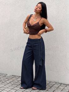 Rivivi Women's Fashion Tie-Up Daily Wear Washed Denim Wide Leg Pants - Dark Wash - View 6