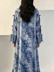 Yasmyna Abaya Wanita Model Terbuka Depan + Hijab Motif Botani Lengan Lentera Longgar Panjang Kimono Pakaian Luar - Biru - View 2