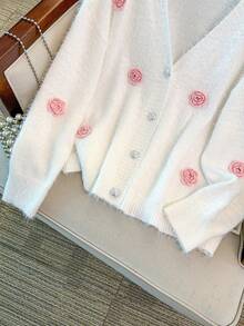 GlowEve CURVE Plus Size Elegant Contrast Color 3D Floral V-Neck Drop Shoulder Long Sleeve Cardigan - White - View 5