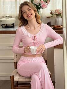 Snug Reverie Solid Color Ice Silk Patchwork Lace Romantic Cute Kawaii Tie Long Sleeve Long Pants Women's Loungewear Set Lounge Sleep Light Pink Autumn - Pink - View 3