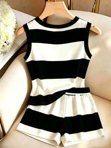 GlowEve Women's Summer Casual Colorblock Striped Tank Top And Shorts 2 Pieces Set - Black and White - View 2