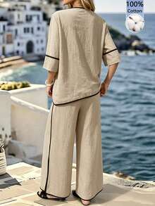 Breezaya Women's Elegant Tropical Vacation Casual Patchwork Beige 2 Pieces Set Beach Vacation Summer - Apricot - View 2