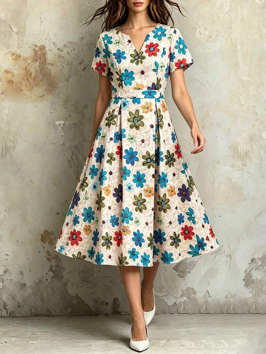 Franclia Women's Jacquard V-Neck Ruched Long Dress, Suitable For Spring/Summer Vacation, Party And Outing - Blue - View 1