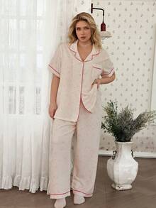 CottageSlumber Bubble Textured Bow Heart Print Lapel Front Button Short Sleeve Long Pants Plus Size Pajama Set Night Pink Summer - Multicolor - View 4