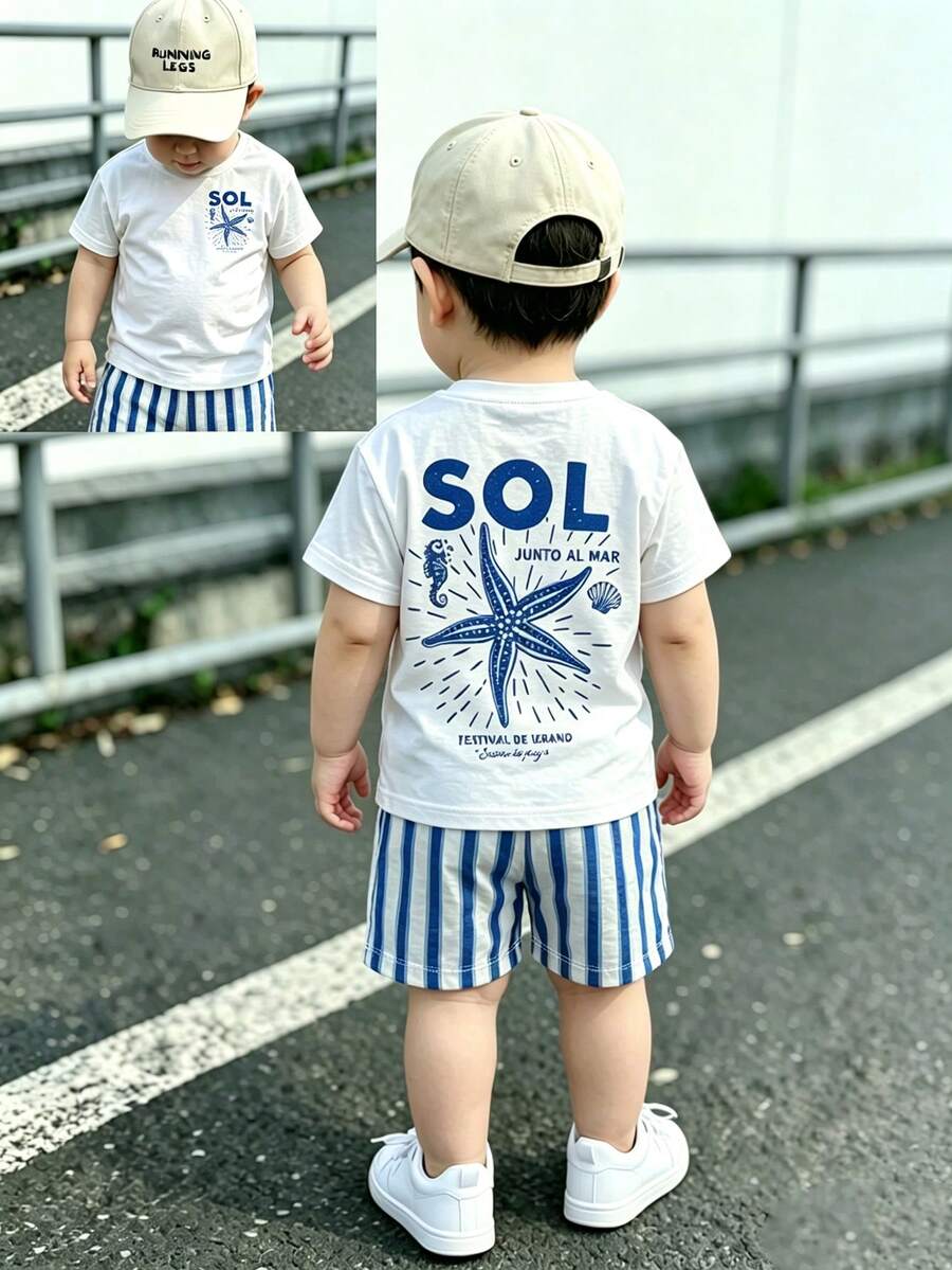 夏季熱銷男嬰星魚印花兩件套,網紅風格休閒短袖上衣 + 藍白條紋短褲,百搭兒童套裝,適合日常穿著、外出、海邊度假、上學,多場景實用穿搭,兒童必備,媽媽們的熱門商品 - 彩色 - 查看 1