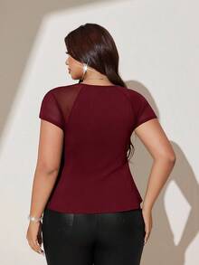 Viva Relle Sexy Slim Fit Square Neck Knit Top With Mesh Patchwork Design, Plus Size Short Sleeve T-Shirt - Burgundy - View 6