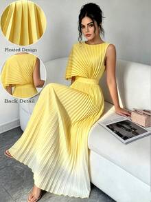 Modelyn 女款優雅圓領披肩領褶皺腰部定位印花 A 字浪漫洋裝，百搭，適合上班/休閒/度假場合，春夏穿著 - 黃色 - 查看 4
