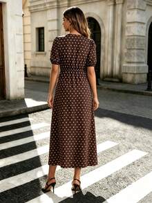 Vionelle Plus Size Deep V-Neck Lace Trim Short Sleeve Polka Dot Vintage 1920s 1950s Vintage 70's Dress Birthday Party Wedding Guest Summer - Coffee Brown - View 2