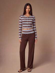 Lazeform Women's Striped Print Fitted Round Neck Long Sleeve Pants Pajama Set - Brown - View 3