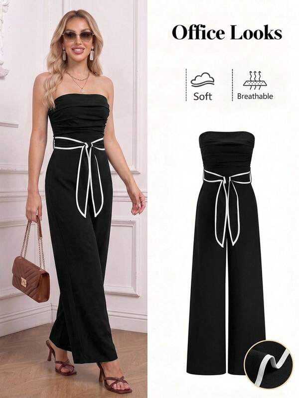 SHEIN Clasi Black And White Contrast Trim Bandeau Jumpsuit, Elegant And Comfortable, Fashionable