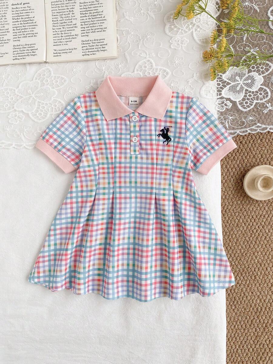 SHEIN Baby Girl Colorful Plaid Casual Dress, Single Piece, Ribbed Collar, Ribbed Cuffs, Suitable For Casual, Outings, Sports, Parties - Multicolor - View 1