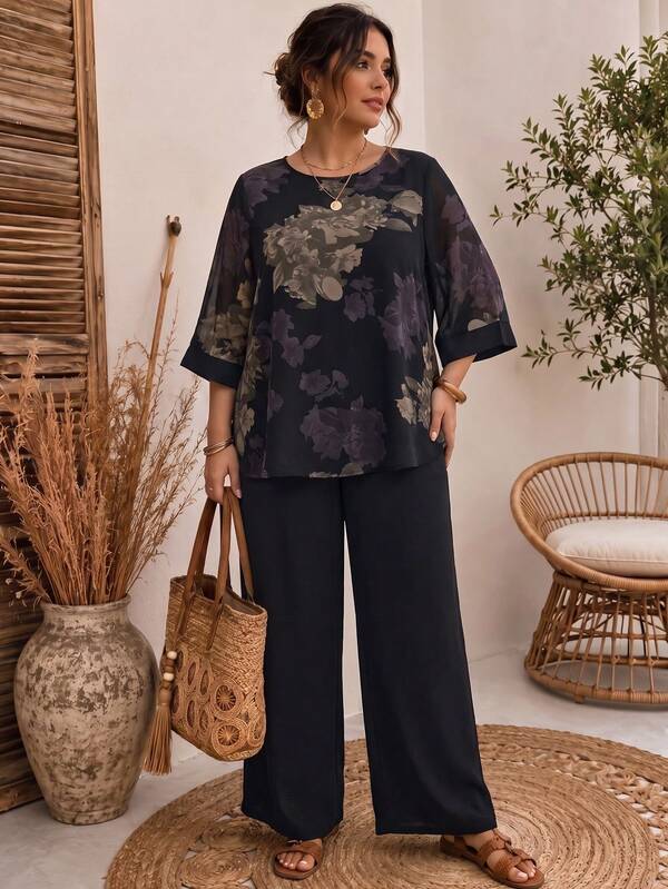 Lacomfia Plus Size Women 2pcs Set Printed Dark Chiffon And Crinkled Ice Silk Fabric Outfit, Cape Style Round Neck Top With Pants, Suitable For Spring/Summer Daily Wear And Gatherings