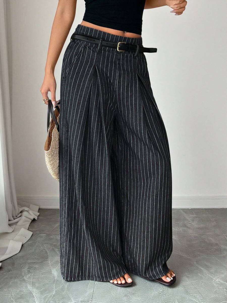 SHEIN Women's High Waist Elegant Fashion Pleated Elastic Waist Loose Wide Leg Versatile Casual Denim Jeans - Black - View 1