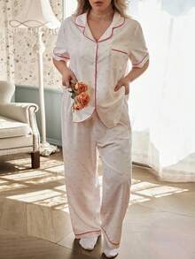 CottageSlumber Bubble Textured Bow Heart Print Lapel Front Button Short Sleeve Long Pants Plus Size Pajama Set Night Pink Summer - Multicolor - View 1
