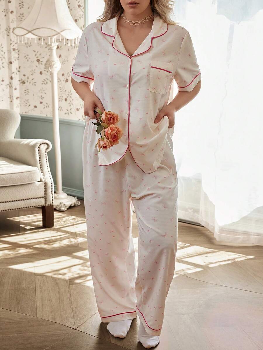 CottageSlumber Bubble Textured Bow Heart Print Lapel Front Button Short Sleeve Long Pants Plus Size Pajama Set Night Pink Summer - Multicolor - View 1