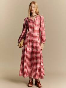 SHEIN Women's Elegant Red Plaid Print Long Sleeve Full Skirt Button Dress - Red - View 2