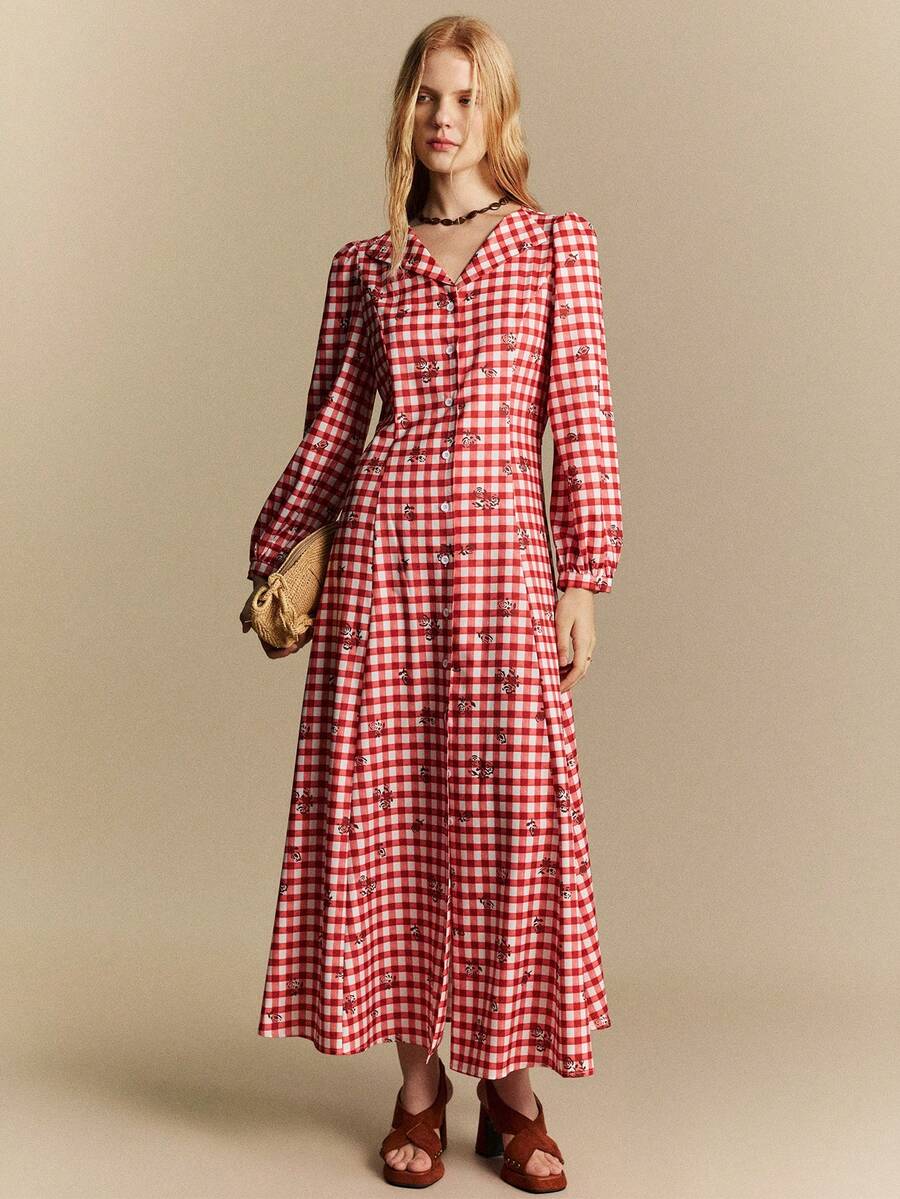 SHEIN Women's Elegant Red Plaid Print Long Sleeve Full Skirt Button Dress