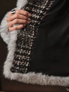 Anewsta Jaket Pendek Bulu Imitasi Lembut Motif Houndstooth Patchwork Musim Gugur/Dingin untuk Wanita, Dilengkapi dengan Pengencang Pinggang dan Bulu Imitasi. - Hitam dan Putih - View 9