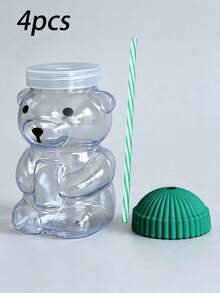 1/2/3/4/5/10Pcs Plastic Cute Bear Straw Cup – Teddy Bear Design Straw Tumbler With Lid, Reusable Travel Drinkware For Juice, Cold Drinks, Milk, Coffee (Not For Boiling Water) - Green - View 20