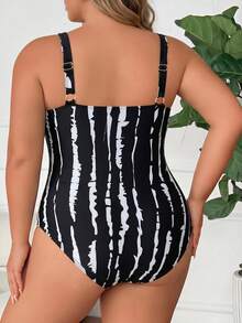 SHEIN CURVE+ 2026 New Plus Size Women's One-Piece Black & White Striped Halter Swimsuit, Casual Minimalist Design For Summer Beach Vacation - Black and White - View 2