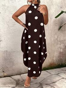 Breezaya Vestido casual elegante de verano para mujer talla grande con cuello con cremallera, sin mangas y estampado de lunares - Café integral - Ver 7