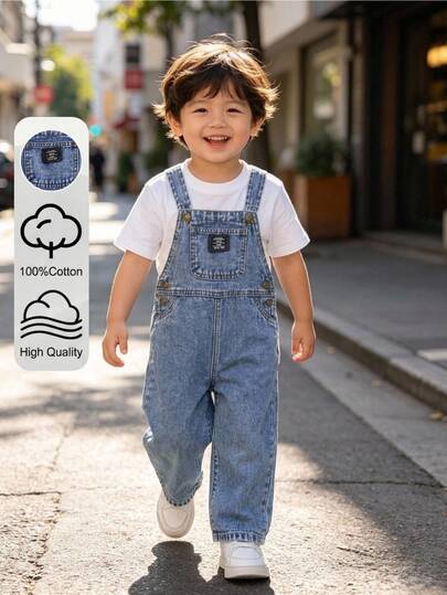 Young Boys' New Fashion Casual Loose Blue Denim Overalls With Patch Label,Fall Clothes,For Boys Back To School Clothes,Toddler School Outfits