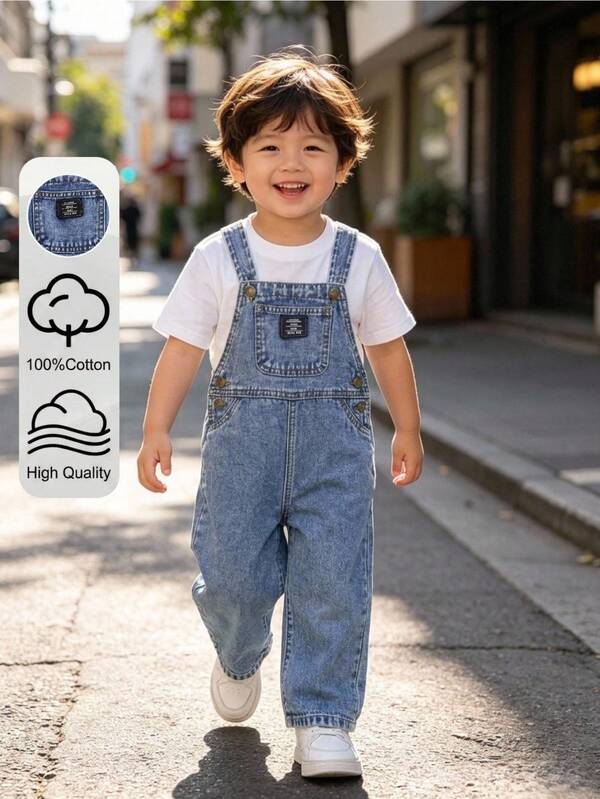 SHEIN Overall Denim Biru Longgar Kasual Modis untuk Anak Laki-Laki dengan Label Tempel, Pakaian Musim Gugur, Pakaian Kembali ke Sekolah untuk Anak Laki-Laki, Pakaian Sekolah Balita