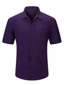 Manfinity Mode Men's Casual Versatile Embroidery Detail Short Sleeve Formal Shirt - Purple - View 4