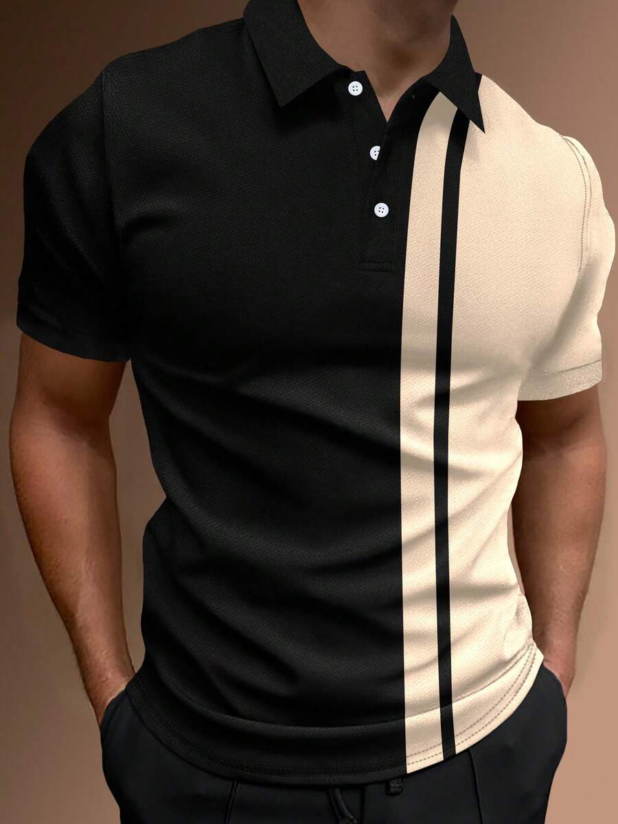 Manfinity Homme Camisa polo de trabajo y casual con bloqueo de color y botón de cuarto para hombre, regalo para el novio - Negro - Ver 1