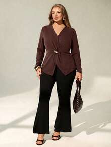 Auralis Plus Size Women's Autumn Fashion Elegant Loose Comfortable Daily Brown Long Sleeve Top, Metal Button V-Neck, Spring/Autumn Outfit, Women's Shirt, Going Out Top/Brown Metal Button Decor Twisted Top/Loose Long Sleeve Shirt/Elegant Commute Office Workplace Outfit Mermaid Style High-End Party Outfit/ - Brown - View 6