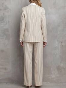 SHEIN Women's Business Striped Lace Patchwork Button Jacket And Contrast Color Pants Suit Set - White - View 2