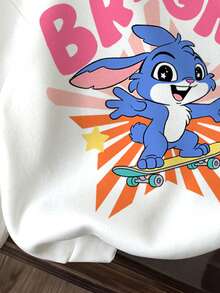 女嬰休閒極簡可愛卡通藍兔 Lulu & Stitch 圖案軟綿連帽長袖落肩衛衣，舒適 Y2K 秋冬風格，Kawaii - 彩色 - 查看 4