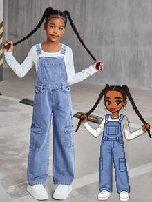 SHEIN Pantalon salopette en jean et combinaison pour préadolescentes, tenue décontractée et douce pour l'été ! Fabriqué en tissu de jean confortable, bleu clair lavé, avec des poches à rabat à l'avant, une taille boutonnée sur le côté pour un enfilage facile, une coupe ample et confortable, un design à jambes larges et taille haute pour allonger la silhouette. Convient pour les sorties quotidiennes, le style décontracté du campus, la rentrée scolaire, les voyages et les vacances, vous permettra de vous démarquer de la foule. - Jean clair - Voir 2