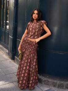 Nöista Conjunto de dos piezas con estampado paisley, mangas con volantes y falda maxi para looks de vacaciones de verano - Marrón - View 4
