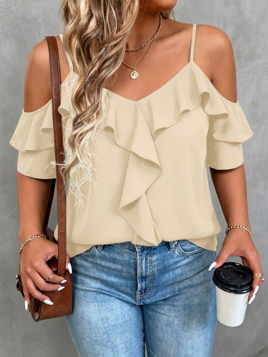 SHEIN LUNE CURVE Plus Size Peach Cold Shoulder Ruffle Top Sexy Elegant Spaghetti Strap V-Neck Ruffle Trim Short Blouse Designed For Curvy Women Evening Formal Summer - Khaki - View 1