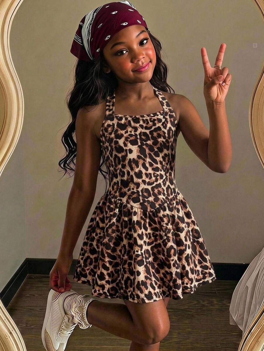 Gaun Anak Perempuan Kasual Modis Motif Leopard Model A-Line dengan Leher Halter