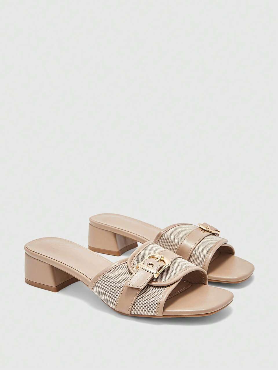 CUCCOO BIZCHIC Summer New Square Toe Thick Heel Apricot Splicing Building Color Buckle Women's Middle Heel Sandals Slippers Casual Fashion Versatile Comfortable Fall Shoes
