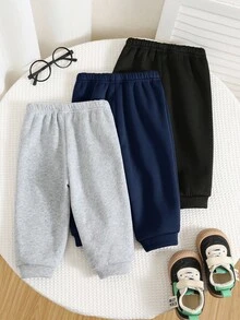 SHEIN 男嬰秋季 3 件組保暖內裡加厚純色運動長褲慢跑褲套裝，舒適百搭休閒時尚簡約日常穿搭，適合秋冬室內、戶外、滑雪、日常運動、派對、拍照 - 彩色 - 查看 2