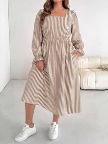 SHEIN Essnce Plus Size Women's Spring/Autumn Fashion Casual Elegant Loose Comfortable Daily Slimming Blue And White Striped Square Neck Long Sleeve Dress, Pocket - Apricot - View 4