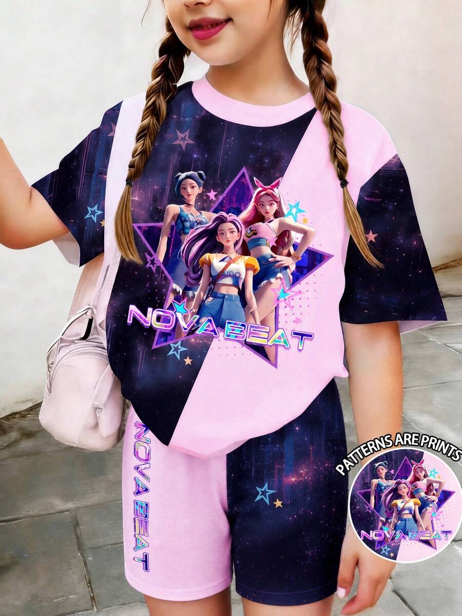 2件套女童时尚星星字母印花撞色短袖上衣和短裤套装,适合夏季外出穿着 - 彩色 - 查看 1