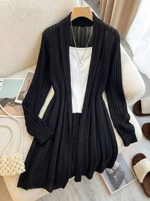 SHEIN LUNE Cardigan Rajut Panjang Sedang Berwarna Polos dengan Garis Vertikal, Pinggang Terikat, dan Ujung Bawah Melebar, Kasual, Elegan Gaya Prancis, Serbaguna, Cocok untuk Kantor, Warna Hitam, Musim Gugur - Hitam - View 5