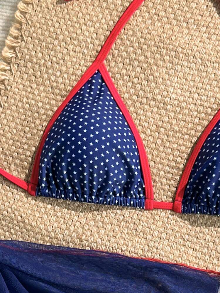 Swim Mod طقم ملابس سباحة نسائي صيفي من 3 قطع بتصميم نجمة لطيف باللون الأحمر مع رقعات، بياقة V وربطة هالتر، مع تنورة برباط جانبي - متعدد الألوان - مشاهدة 3