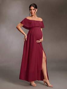 Cheriluna Maternity Elegant Off-Shoulder Ruffle Sleeve Side Slit A-Line Chiffon Maternity Dress - Burgundy - View 4