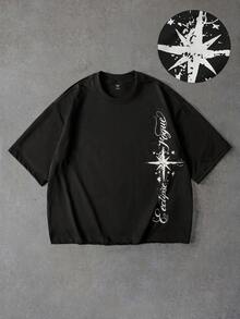 ROMWE MEN Kaos Pria Lengan Pendek Longgar dengan Motif Cetak - Hitam - View 1